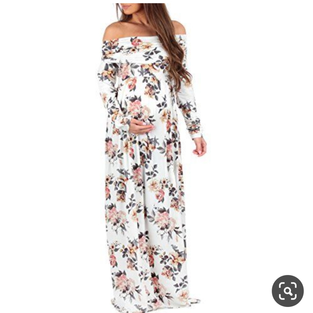 Mother Bee Maternity Floral Off-Shoulder Dress - White and Pink